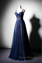Dark Blue Tulle Long Formal Prom Dress, Dark Blue Evening Dress