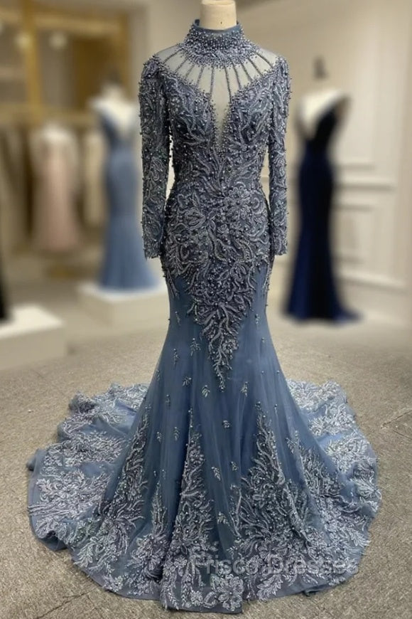 Dark Blue Tulle Mermaid Beading Formal Prom Dress