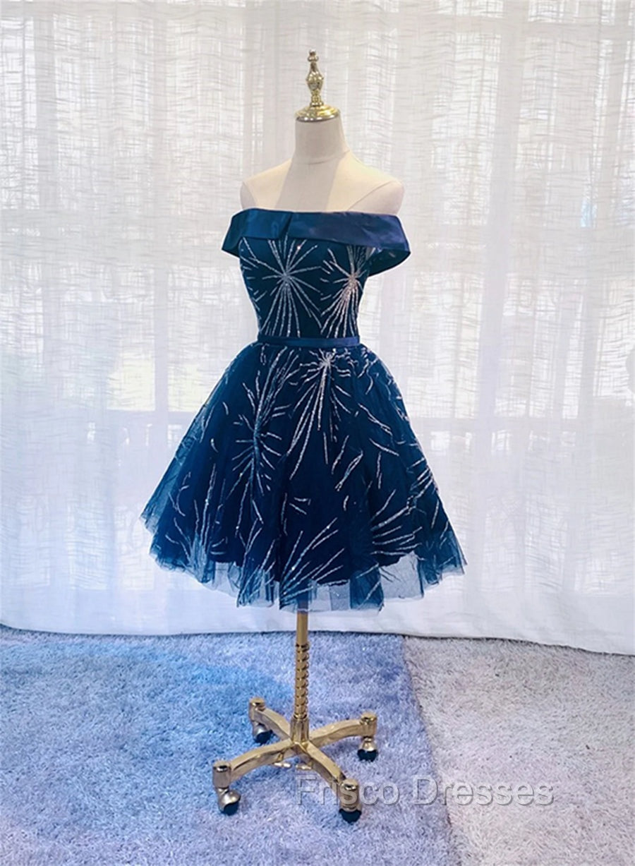 Dark Blue Tulle Off Shoulder Knee Length Party Dress, Blue Homecoming Dress Main image