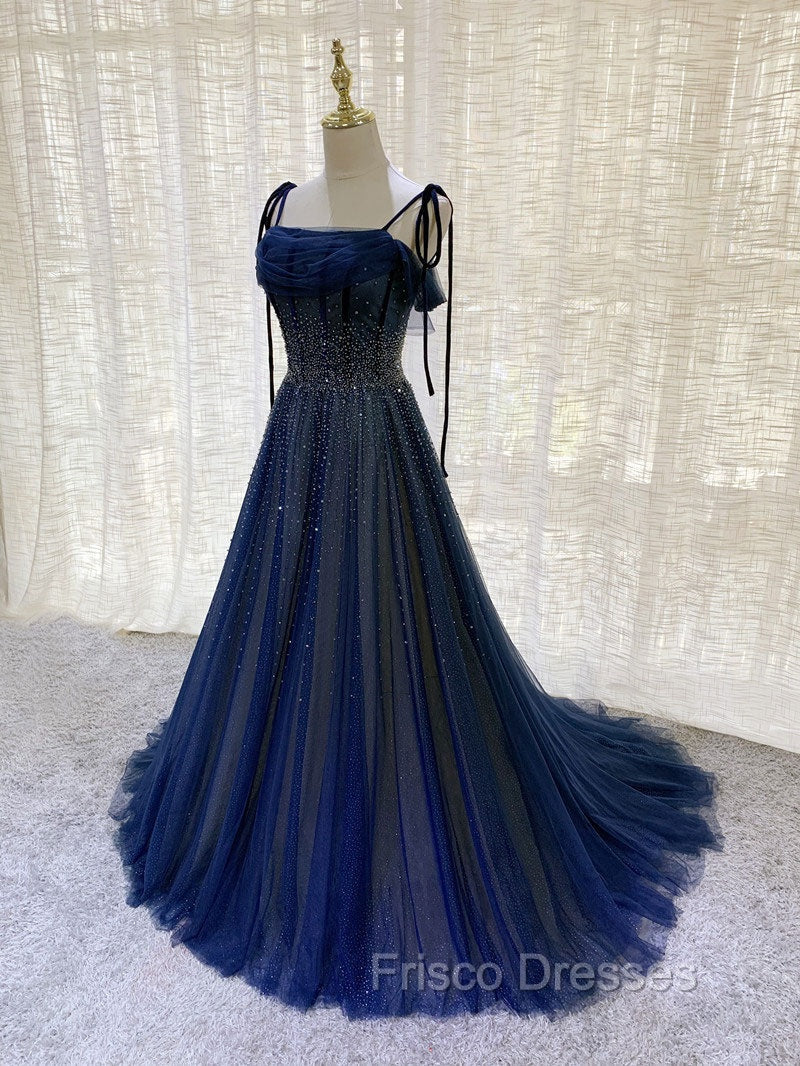 Dark Blue Tulle Sequin Long Formal Prom Dress, Blue Tulle Formal Dress Secondary image