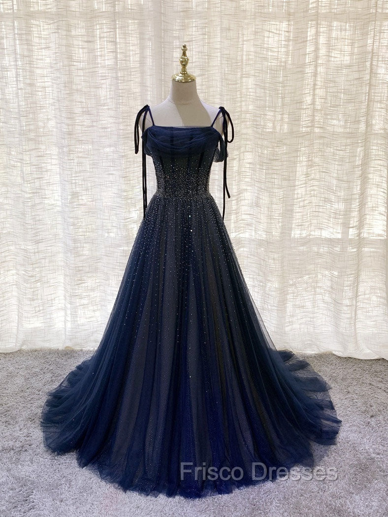 Dark Blue Tulle Sequin Long Formal Prom Dress, Blue Tulle Formal Dress Main image