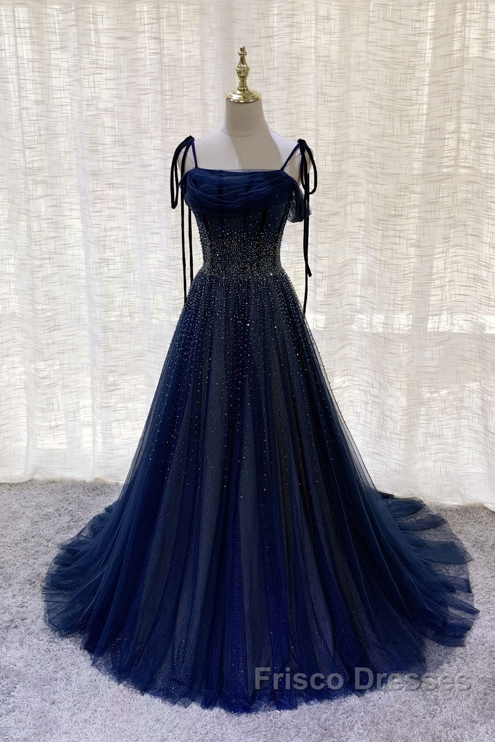 Dark Blue Tulle Sequin Long Formal Prom Dress, Dark Blue Evening Dress Secondary image