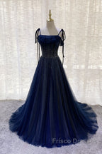 Dark Blue Tulle Sequin Long Formal Prom Dress, Dark Blue Evening Dress