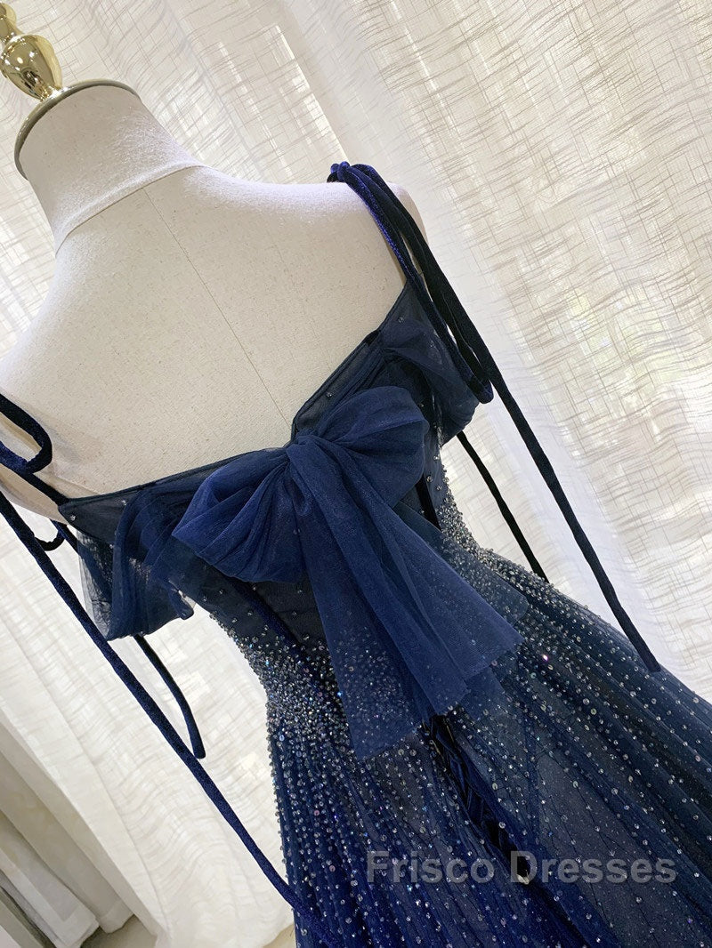Dark Blue Tulle Sequin Long Formal Prom Dress, Dark Blue Evening Dress
