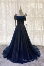 Dark Blue Tulle Sequin Long Formal Prom Dress, Dark Blue Evening Dress
