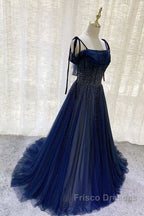 Dark Blue Tulle Sequin Long Formal Prom Dress, Dark Blue Evening Dress