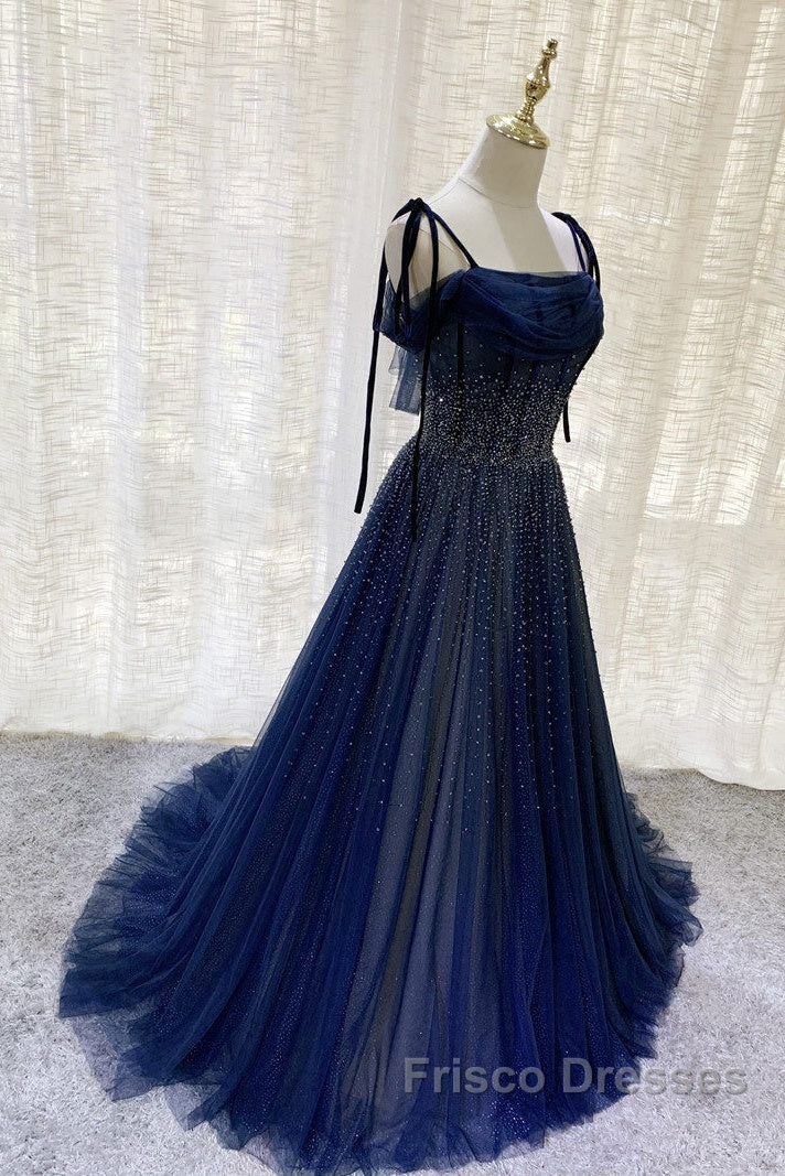 Dark Blue Tulle Sequin Long Formal Prom Dress, Dark Blue Evening Dress