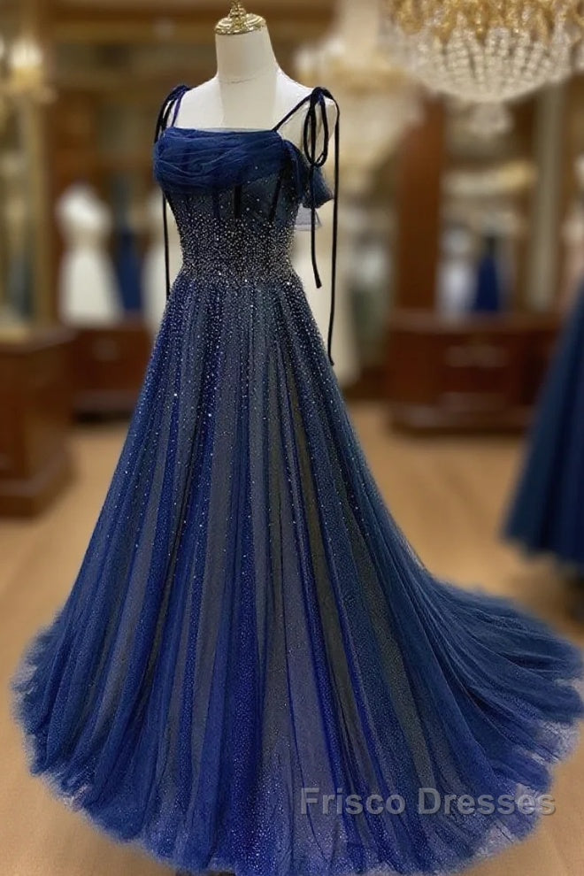Dark Blue Tulle Sequin Long Formal Prom Dress, Dark Blue Evening Dress