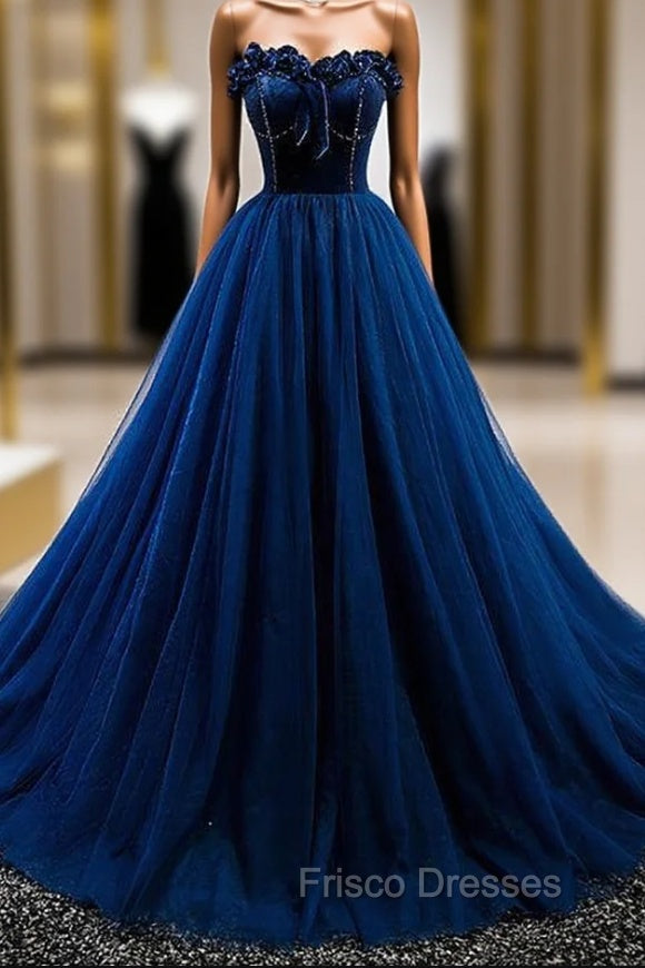 Dark Blue Tulle Velvet Beading Strapless Formal Prom Dress Main image