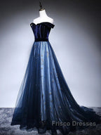 Dark Blue Tulle Velvet Long Formal Prom Dress, Blue Evening Dress