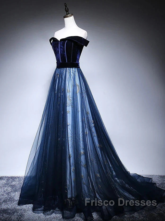 Dark Blue Tulle Velvet Long Formal Prom Dress, Blue Evening Dress