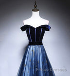Dark Blue Tulle Velvet Long Formal Prom Dress, Blue Evening Dress