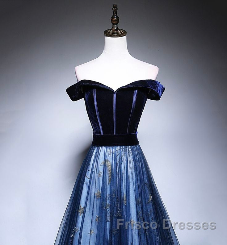 Dark Blue Tulle Velvet Long Formal Prom Dress, Blue Evening Dress