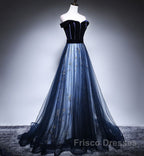 Dark Blue Tulle Velvet Long Formal Prom Dress, Blue Evening Dress