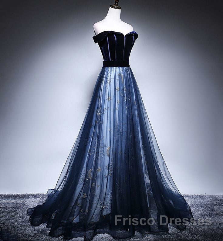 Dark Blue Tulle Velvet Long Formal Prom Dress, Blue Evening Dress
