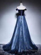 Dark Blue Tulle Velvet Long Formal Prom Dress, Blue Evening Dress