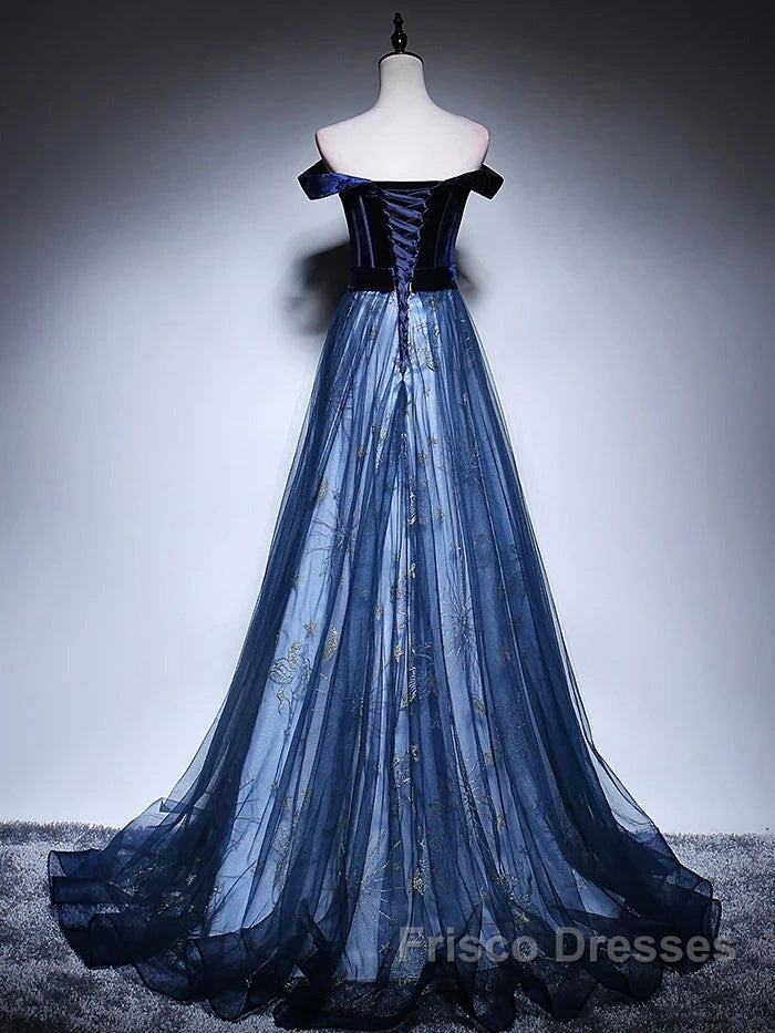 Dark Blue Tulle Velvet Long Formal Prom Dress, Blue Evening Dress