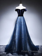 Dark Blue Tulle Velvet Long Formal Prom Dress, Blue Evening Dress