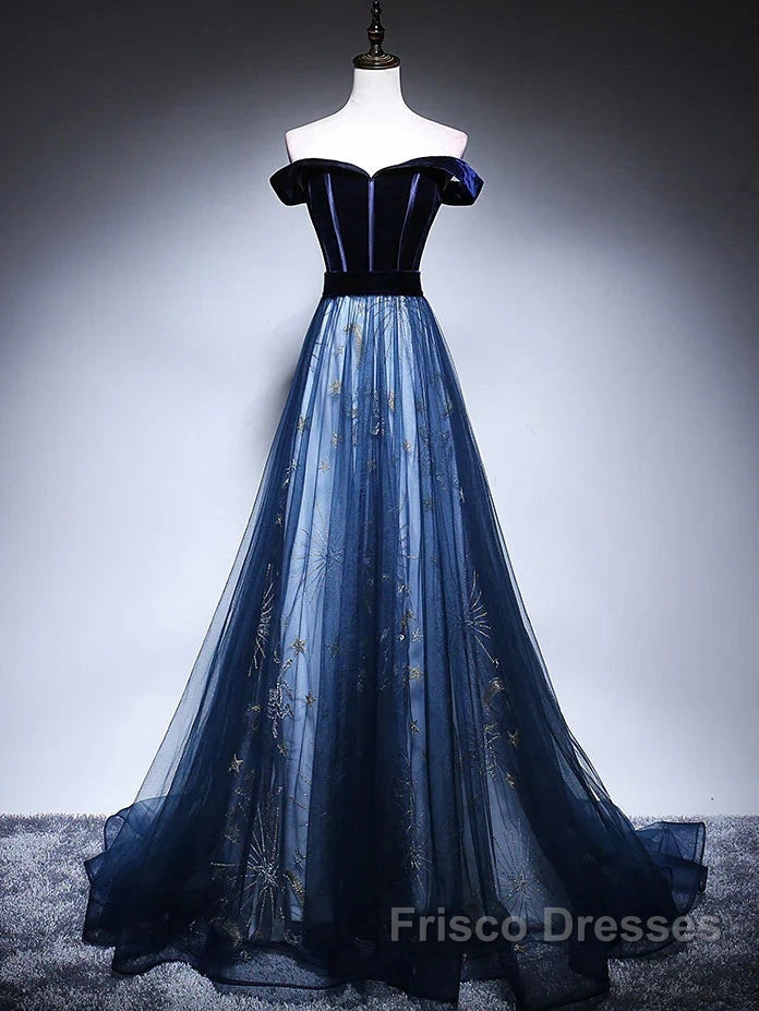 Dark Blue Tulle Velvet Long Formal Prom Dress, Blue Evening Dress