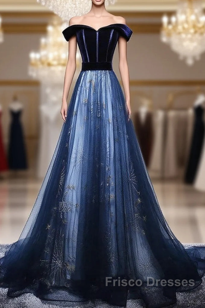 Dark Blue Tulle Velvet Long Formal Prom Dress, Blue Evening Dress Main image