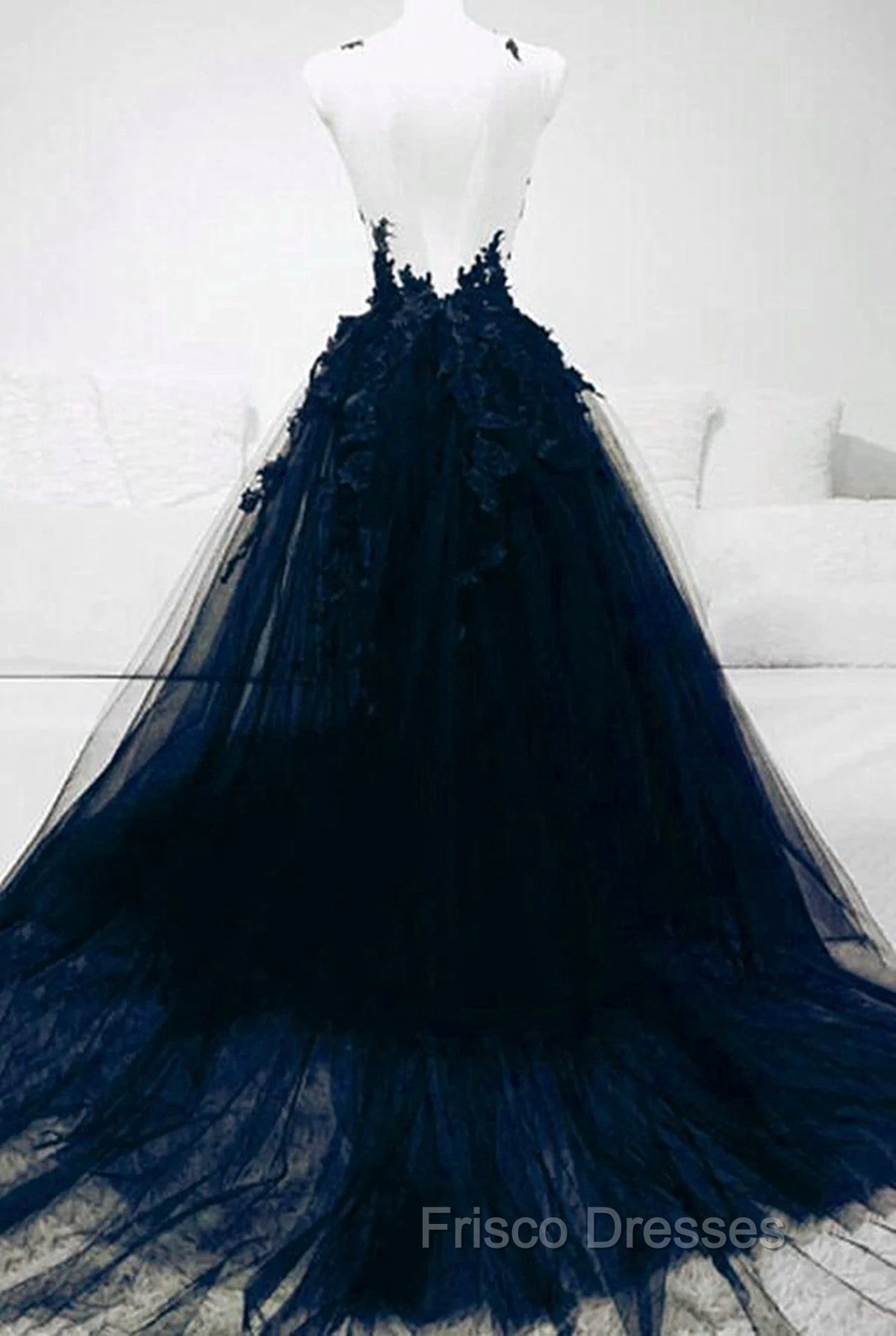 Dark Blue Tulle With Lace Long Evening Dress, A-line Dark Blue Formal Prom Dress Secondary image