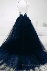 Dark Blue Tulle With Lace Long Evening Dress, A-line Dark Blue Formal Prom Dress