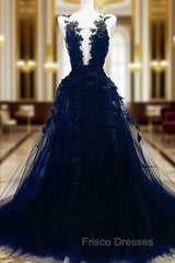Dark Blue Tulle With Lace Long Evening Dress, A-line Dark Blue Formal Prom Dress