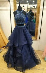 Dark Blue Two Pieces Beads Long Prom Dress, Formal Dress
