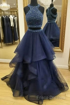 Dark Blue Two Pieces Beads Long Formal Prom Dress, Formal Dress