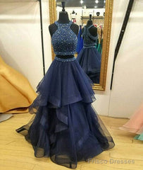 Dark Blue Two Pieces Beads Long Prom Dress, Formal Dress
