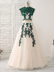 Dark Blue Two Pieces Lace Tulle Long Prom Dress Blue Evening Dress