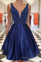 Dark blue v neck beads satin short Formal Prom Dresses, blue homecoming Dresses