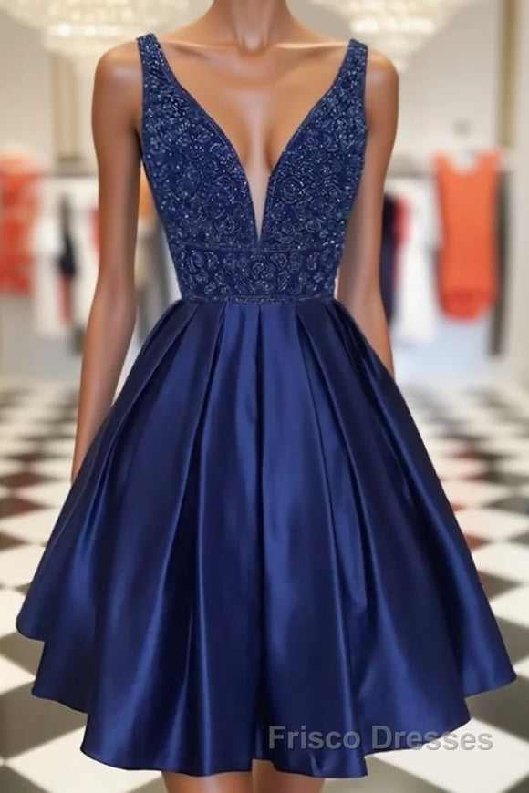 Dark blue v neck beads satin short Formal Prom Dresses, blue homecoming Dresses