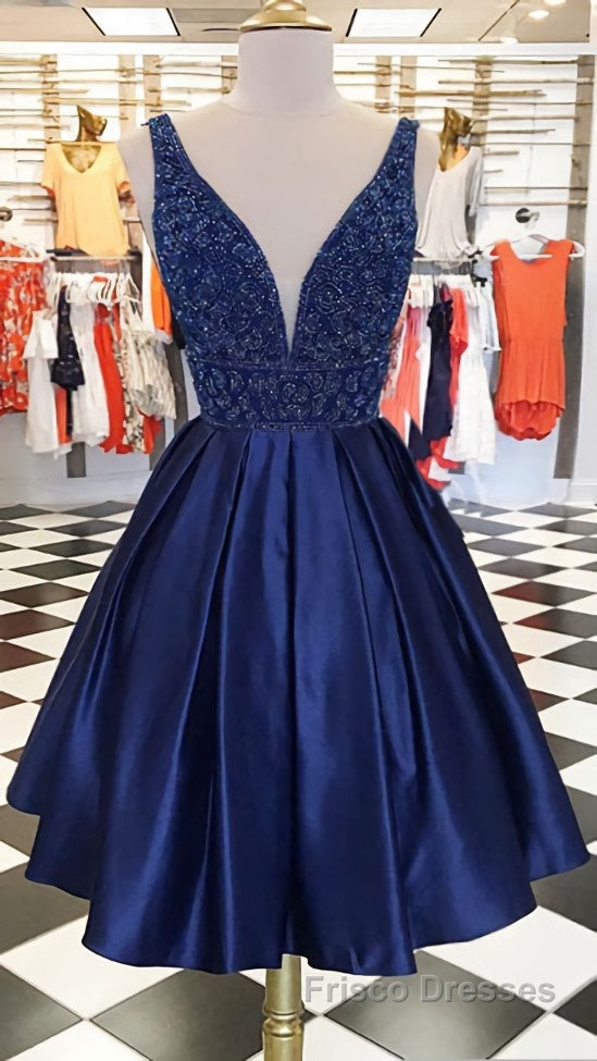 Dark blue v neck beads satin short Formal Prom Dresses, blue homecoming Dresses
