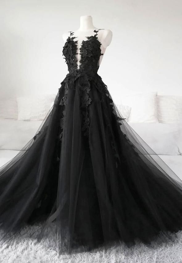 Classic Black Lace Tulle Long Prom Dress Black Evening Dress