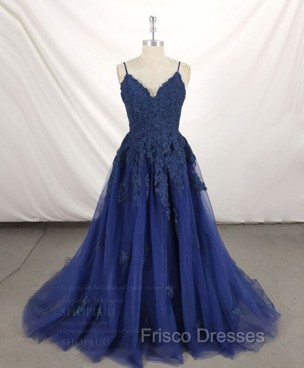 Dark Blue V Neck Tulle Lace Long Formal Prom Dress Blue Lace Bridesmaid Dress Main image
