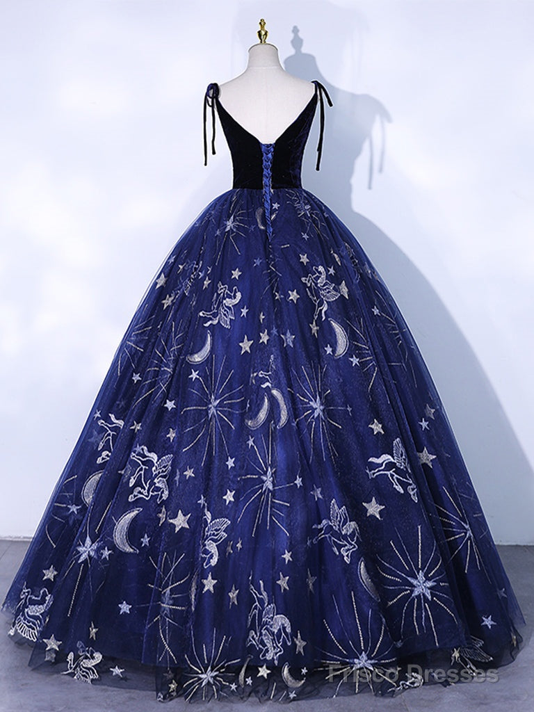 Dark Blue V Neck Tulle Long Prom Dress, Dark Blue Formal Evening Dress