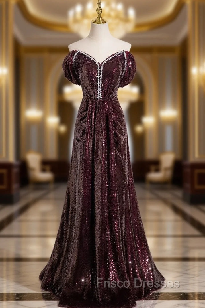 Dark Burgundy Sequins Off the Shoulder Formal Prom Dress Main image