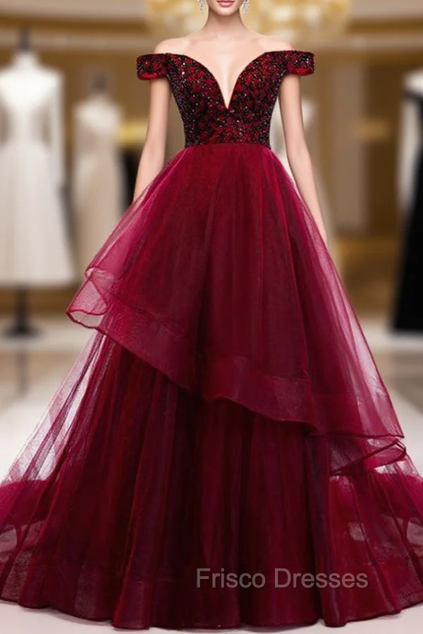 Dark Burgundy Tulle Off the Shoulder Beading Formal Prom Dress Main image
