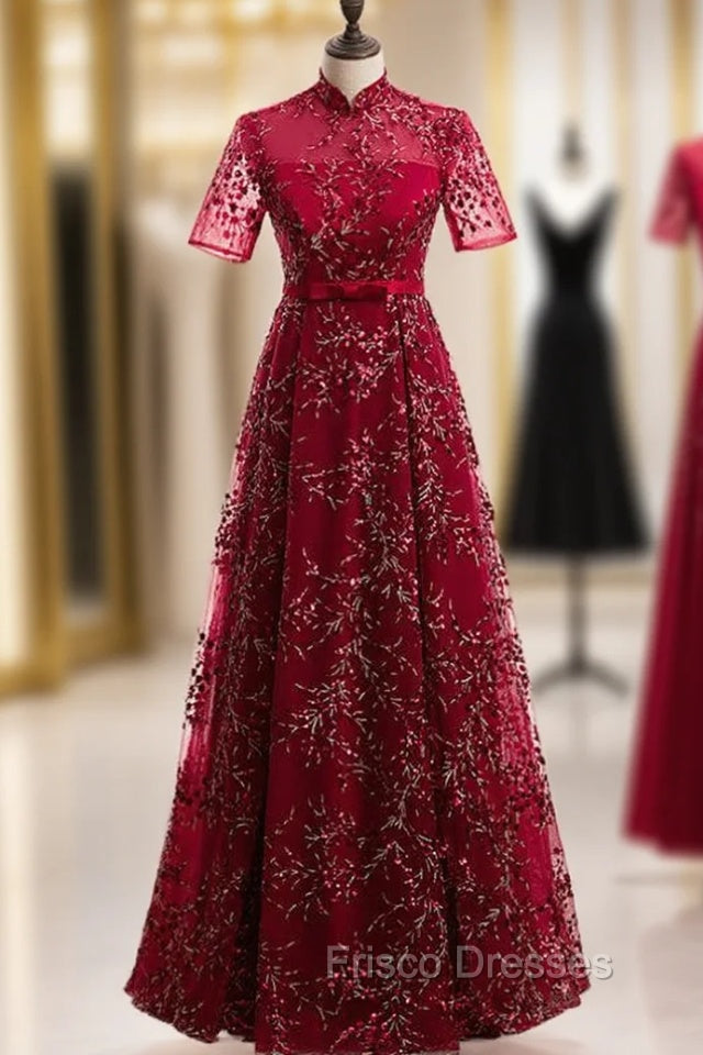 dark burgundy prom dress Dark Burgundy Tulle Sequins High Neck Short Sleeve Formal Prom Dress –  Frisco Dresses