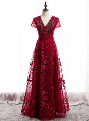 Dark Burgundy Tulle V-neck Cap Sleeve Beading Prom Dress