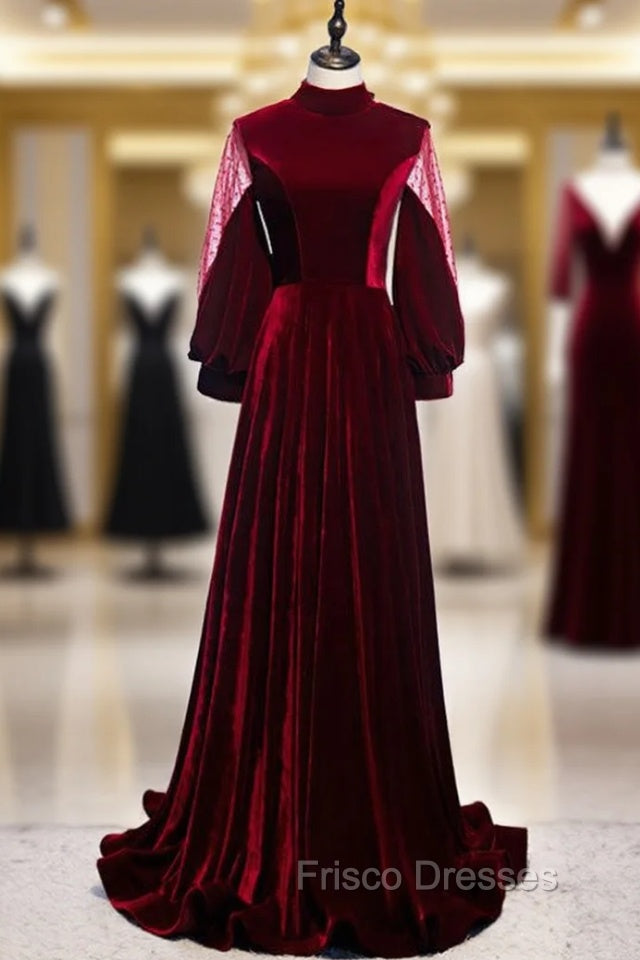 Dark Burgundy Velvet High Neck Long Sleeve Formal Prom Dress With Bow Main image