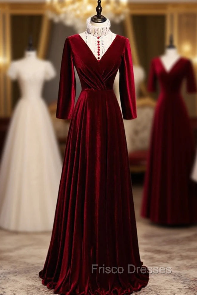 Dark Burgundy Velvet High Neck Long Sleeve Formal Prom Dress