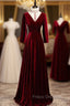 Dark Burgundy Velvet High Neck Long Sleeve Formal Prom Dress