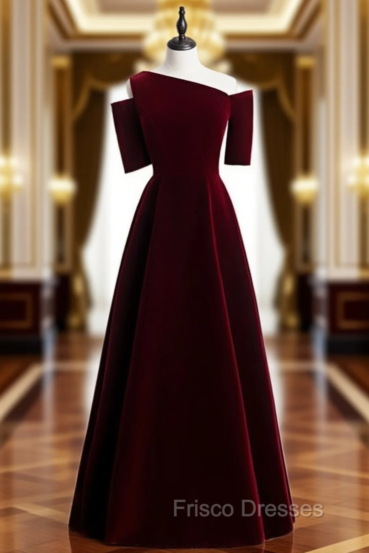 Dark Burgundy Velvet Irregular Neck Short Sleeve Formal Prom Dress