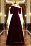 Dark Burgundy Velvet Irregular Neck Short Sleeve Formal Prom Dress