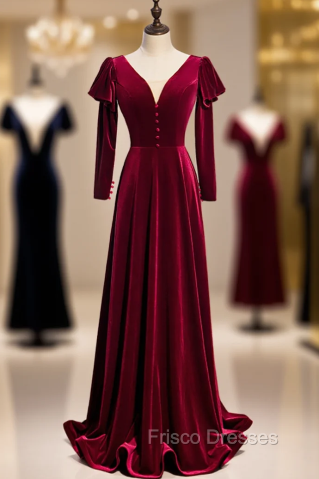Dark Burgundy Velvet Long Sleeve V-neck Button Formal Prom Dress Main image