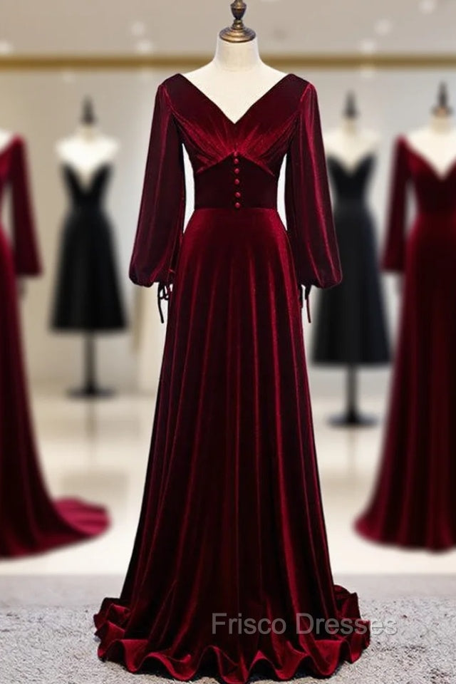 Dark Burgundy Velvet Long Sleeve V-neck Pleats Formal Prom Dress Main image