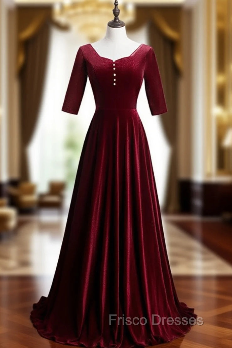 Dark Burgundy Velvet Short Sleeve Formal Prom Dress With Pearls