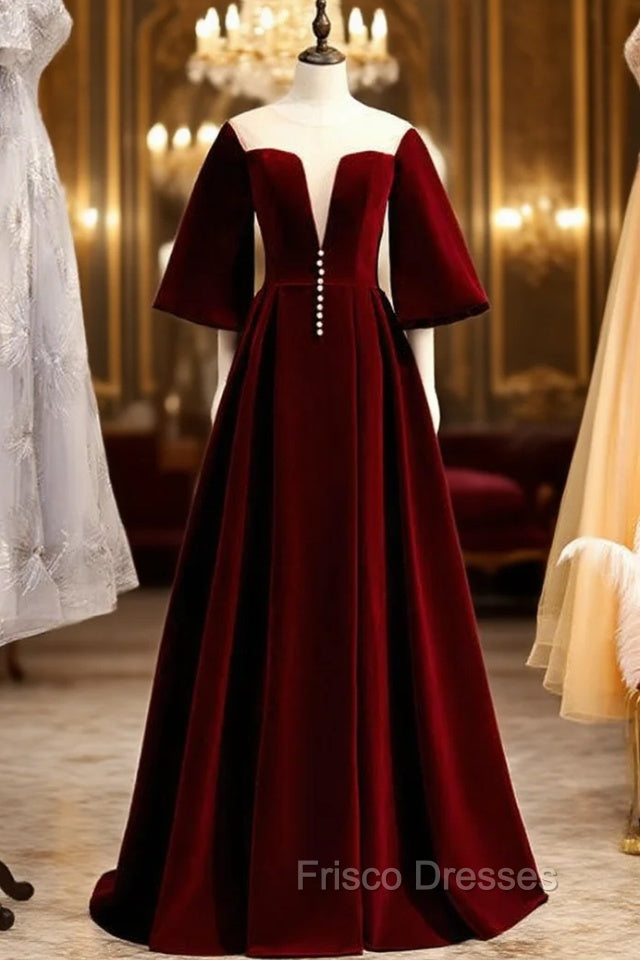 Dark Burgundy Velvet Short Sleeve See Through V-neck Formal Prom Dress Main image